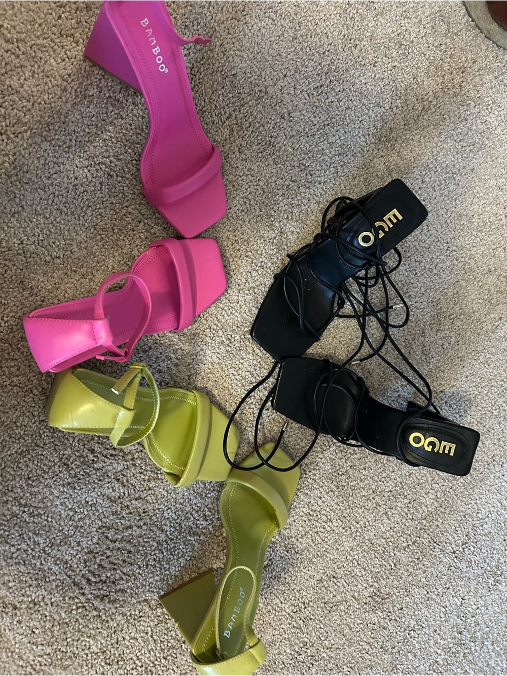 3 pairs of sandals: Brand is Bamboo and EGO; Pink, Green, & Black